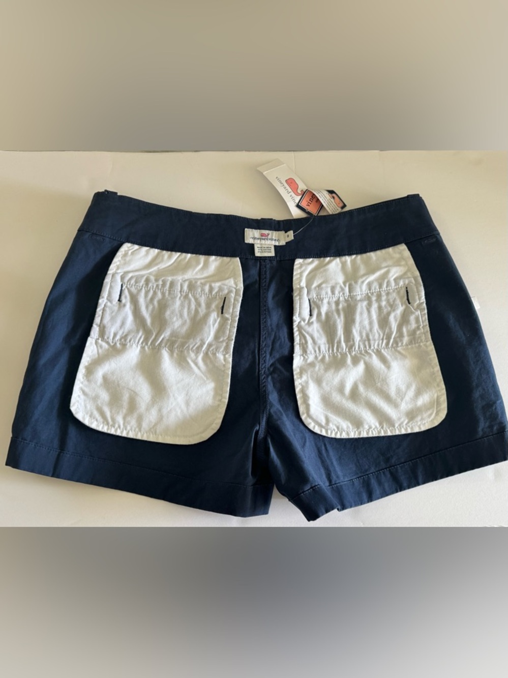 Vineyard Vines Navy Cotton Blend Shorts with Pink Whale Logo - Picture 3 of 10